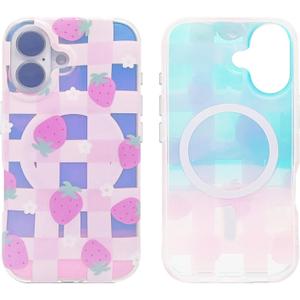 Magnetic Case Compatible with iPhone 16 6.1 inch 2024 for MagSafe Charging Soft TPU Bumper Slim Shockproof Protective Cute Cover (Holographic Checkboard Strawberry)