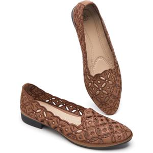 BABUDOG Womens Flats,Black and White Dress Flats with Flower Eyelets,Breathable Ballet Flats (10, Brown)