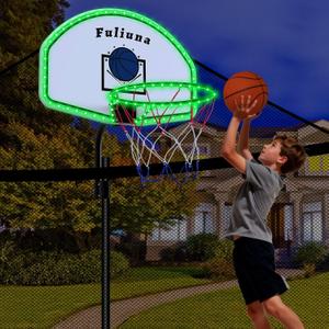Trampoline Basketball Hoop with Solar Lights, Basketball Hoop for Trampoline Fits Diameter 25mm - 32mm Straight & Curved Pole,Universal Trampoline Basketball Hoop Attachment with Ball and Pump