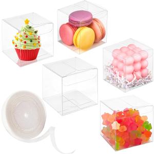45 Pack 3x3x3 Inches Clear Favor Boxes with Ribbons, Transparent Plastic Cube Treat Boxes for Candy Goodie Gift, Small Individual Hot Cocoa Bomb Packaging Box