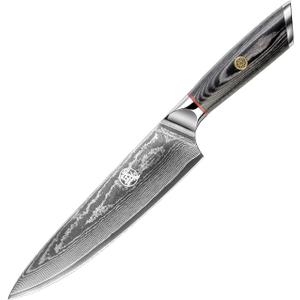 MITSUMOTO SAKARI Chef Knife 8 inch - 67-Layer AUS-10 Damascus Steel, Hand Forged Japanese Gyuto Knives, PakkaWood Handle & Sandalwood Box