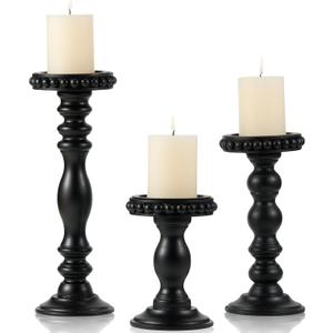 Wood Candle Holders for Pillar Candles, 3-Piece Vintage Rustic Tall Modern Farmhouse Holder Set, Decorative Wooden Candlestick Stand for Fireplace Mantel, Table Centerpiece Decor - Black (Distressed White)
