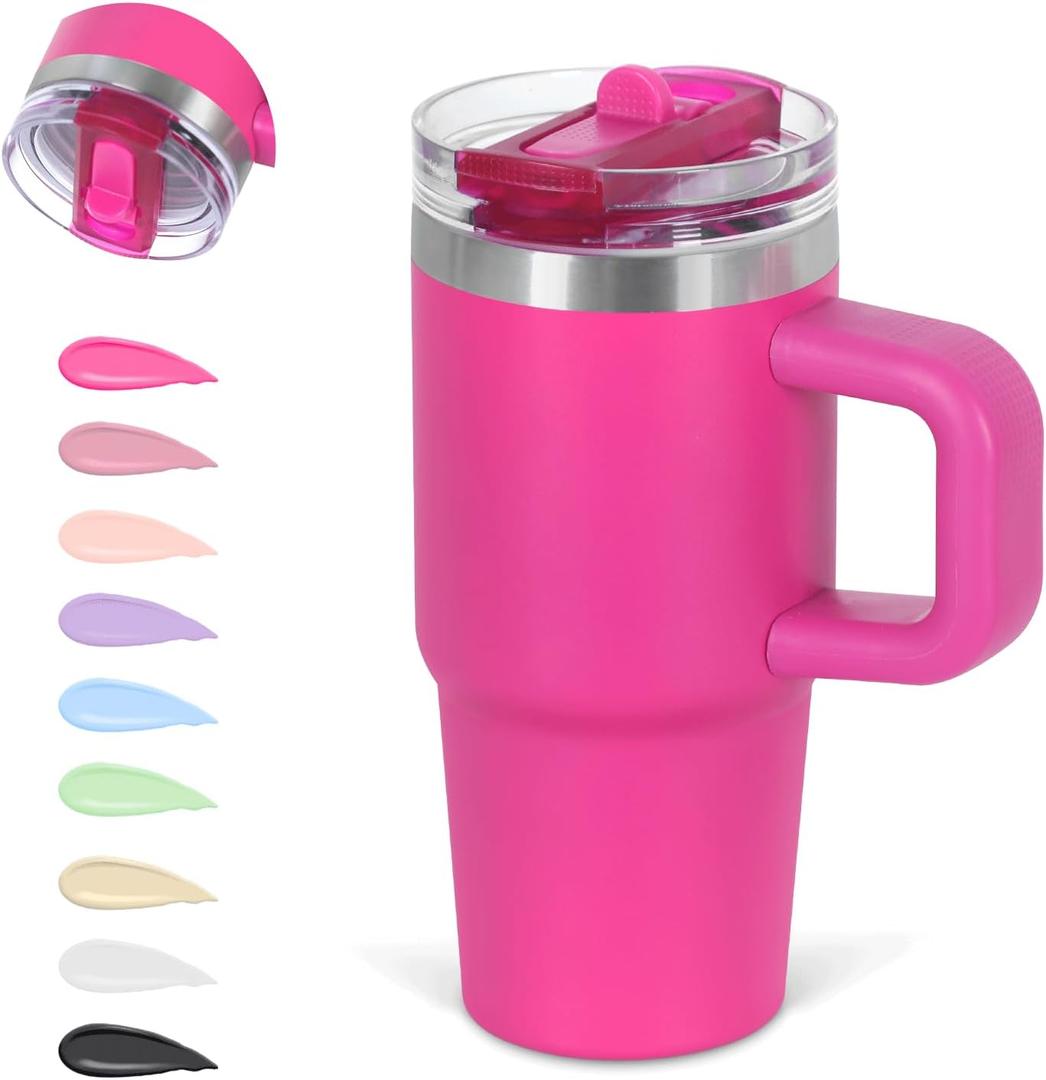 14 Oz Flip Straw Tumbler with Handle for Kids, Stainless Steel Double Wall Insulated Cup for Children with Flip Top Lid, 14 Oz Leak-proof Cups for Kids, Hot Pink