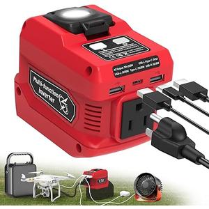220W Power Inverter Compatible with Milwaukee 18V Battery, DC 18V to AC 110V Battery Inverter, Power Station Generator with 1 AC Outlet, 2 USB Ports & 1 TypeC Fast Charging, 400LM LED Work Light
