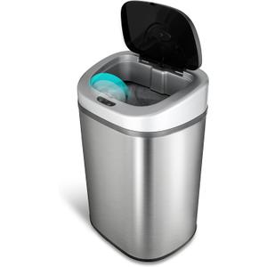 NINESTARS Automatic Touchless Infrared Motion Sensor Trash Can with Stainless Steel Base & Oval, Silver/Black Lid, 21 Gal