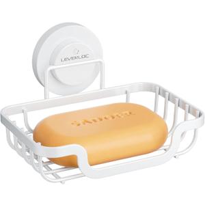 LEVERLOC Soap Dish, Soap Bar Holder for Shower Suction Cup Wall Mounted, Stainless Steel No-Drilling Removable Waterproof Sponge Holder for Bathroom Bathtub Kitchen Sink, Keep Dry, White (5.7" * 4.8")