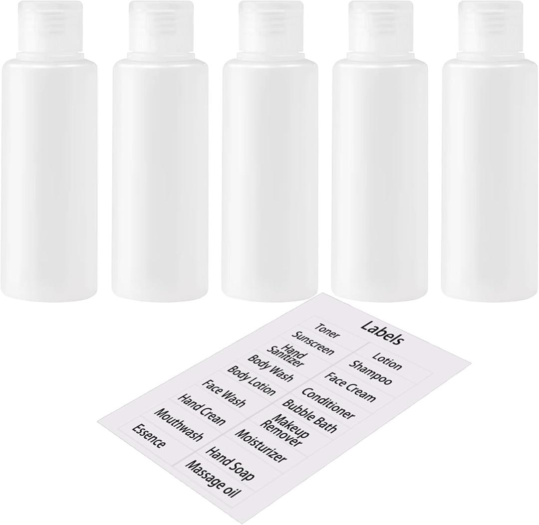 3.4oz Travel Bottles for Toiletries TSA Approved Leakproof Squeeze Plastic Empty Travel Size Bottles Refillable Liquid Containers with Labels (5 Pack)