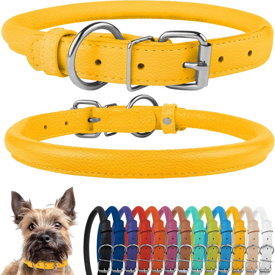 CollarDirect Rolled Leather Dog Collar, Soft Padded Round Puppy Collar, Handmade Genuine Leather Collar Dog Small Large Cat Collars 13 Colors (13-16 Inch, Pink Textured) (L: 13-16 in, Yellow Textured)