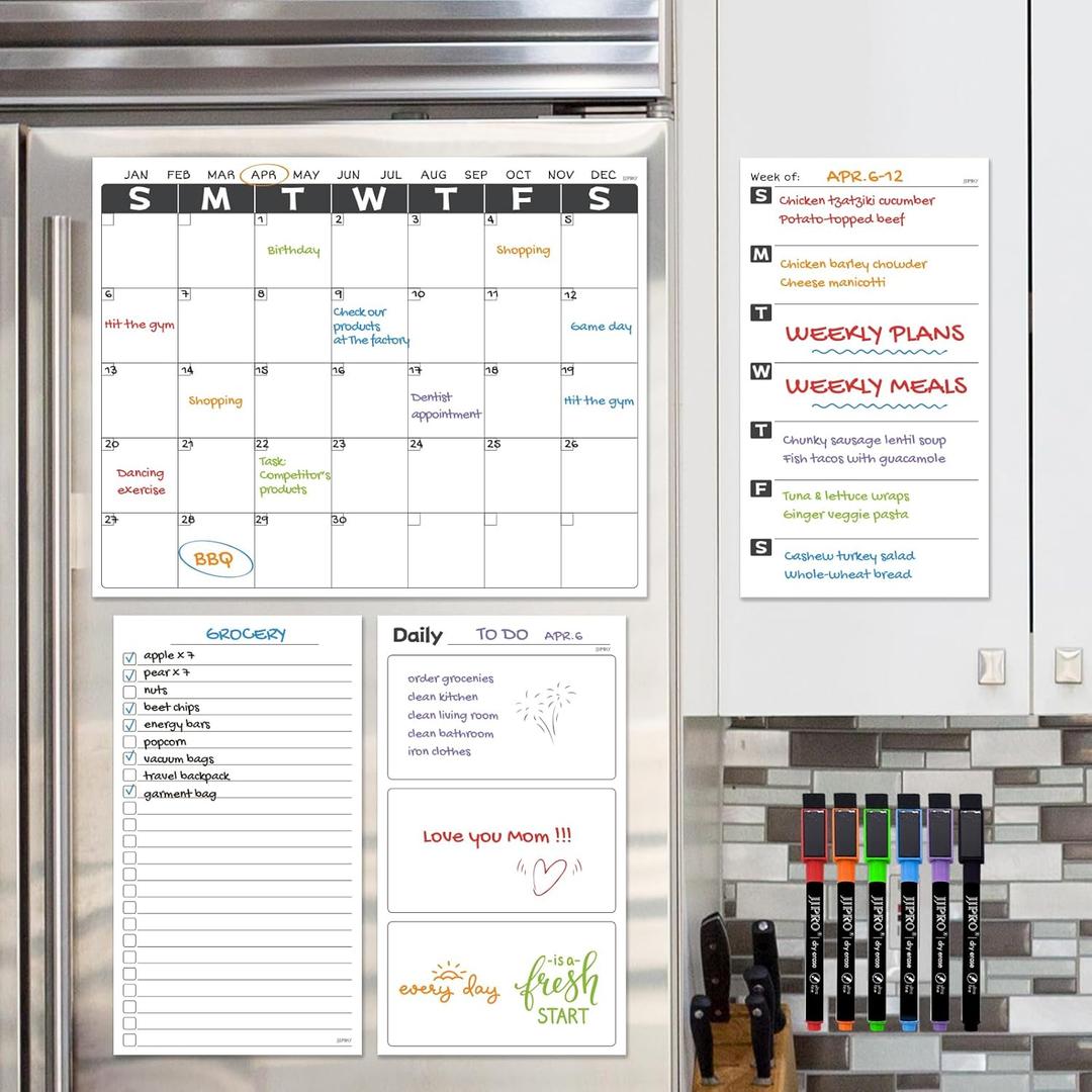 JJPRO Non-Magnetic Dry Erase Calendar for Fridge, Reusable Monthly Calendar,Weekly Planner,Daily/to Do List Whiteboard Bundle -14.5"x11.5" Reusable Monthly Planner Sticks to Wall, All Smooth Surfaces