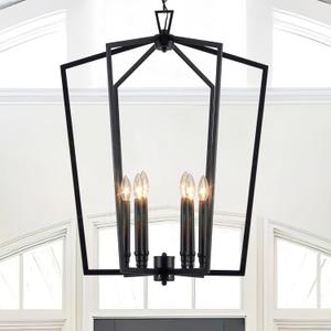 Vezzio 6-Light Black Chandelier for Entryway Foyer, D25 Inch Modern Farmhouse Industrial Pendant Light Fixture Adjustable Chain Dimmable for High Ceiling Dining Room Kitchen Island Hallway Stairway
