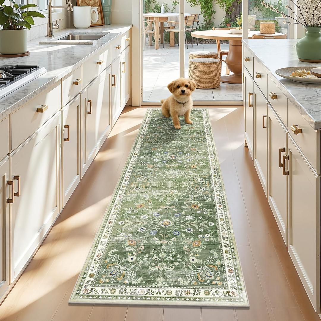 Yamaziot Washable Runner Rug 2x7 – Non Slip Boho Floral Hallway Runner Rug with Rubber Backing, Low Pile Wool Distressed Carpet for Kitchen, Laundry, Bedroom, Entrance, Mottled Green, Green, 2' x 7'