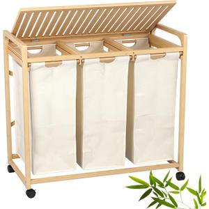 Bamboo Laundry Hamper 3 Section with Lid, 150L Laundry Sorter with Lockable Wheels, Pull-Out Removable Washable Bags, 3 12.5 Gal Divided Laundry Baskets for Laundry Room, Bathroom (Beige)