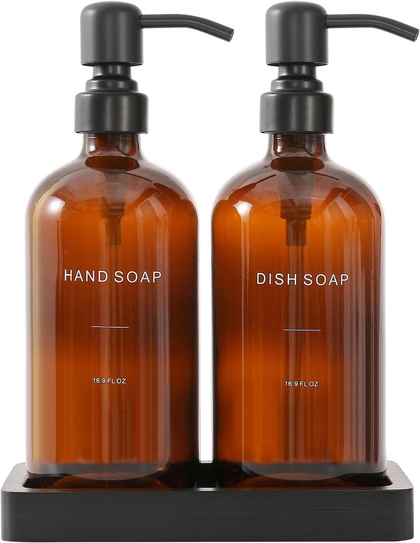 Prus Waso Amber Soap Dispenser Set, Soap Dispenser for Kitchen Sink with Black Stainless Steel Pump, Perfect for Kitchen Accessories Decor. (Amber)