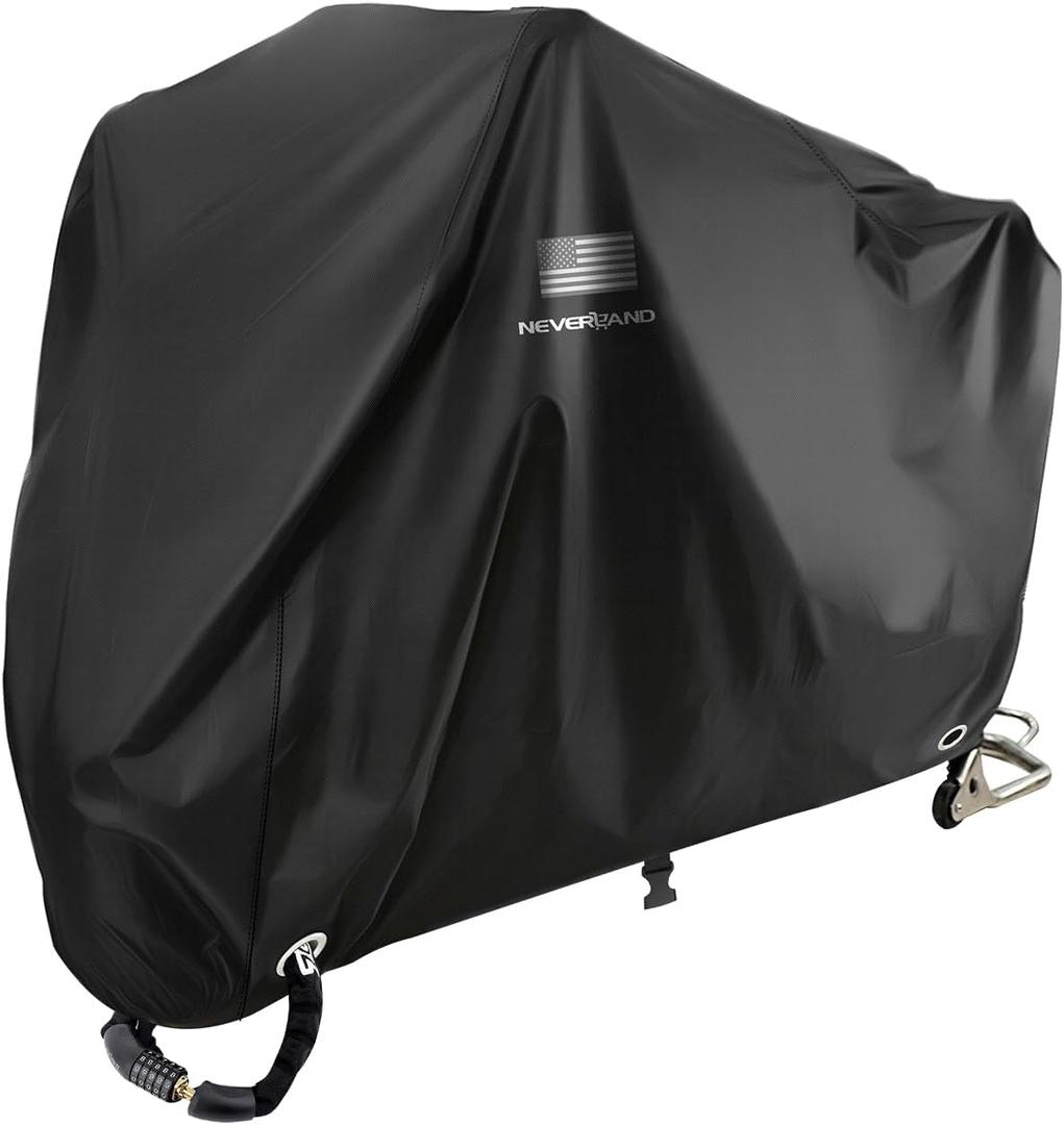 NEVERLAND Motorcycle Cover Waterproof Outdoor - Black Heavy Duty Scooter Cover, Motorbike Cover with Refletive Logo, Lock-Hole, Bandage, Storage Bag-Protect Against Dust, Debris, Rain and Weather(L) (L ( 87*38*44 inches ))