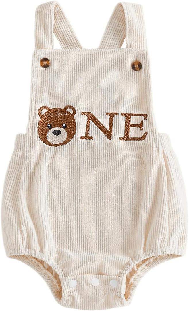 Baby Boy First Birthday Outfit Bear Letters Print Sleeveless Romper bodysuit Cake Smash Outfit Birthday Clothes (Beige, Size 6-12 M)
