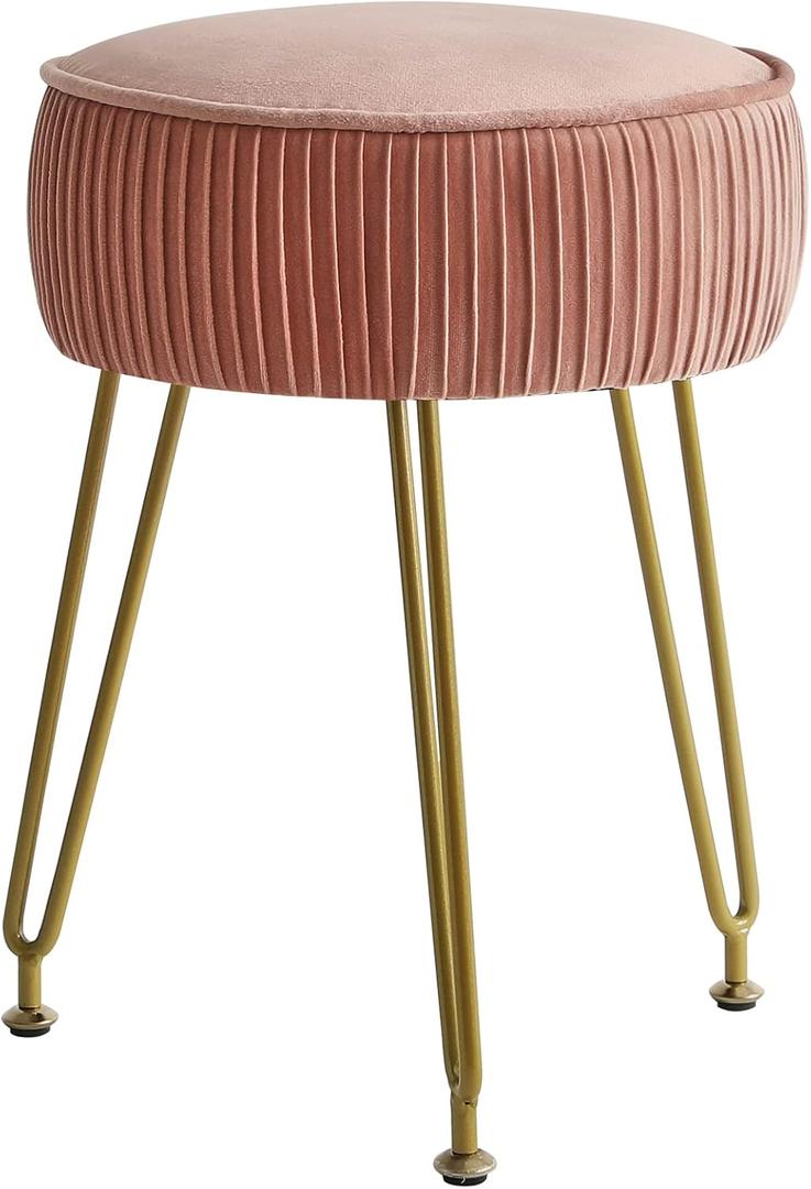 IBUYKE Velvet Vanity Stool Ottoman, Round Footrest Chair, Makeup Dressing Table Seat, Pouf Couch Stool, for Living Room, Golden Steel Legs, Pink LG-30P
