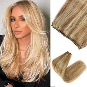 Smavida Blonde Hand Tied Weft Hair Extensions Golden Brown with Blonde Highlights Human Hair Sew in Hair Extensions Silky Straight Double Weft 12/613 Blonde Balayage Bundles for Sew in 14Inch
