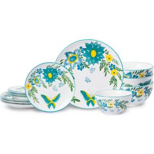 HomePop Ceramic 12-Pieces Dinnerware Sets,Dish Plates and Bowls Sets - Blue Turquoise