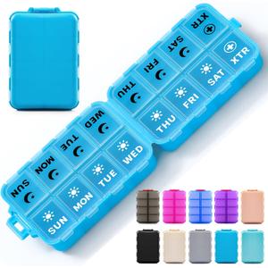 Foldable Weekly Pill Organizer 2 Times a Day with 2 Extra Compartments (Clear Printed Labels) - Portable 7 Day AM PM Medicine Box, Week Daily Travel Pill Case Holder for Vitamin, Supplement - Blue