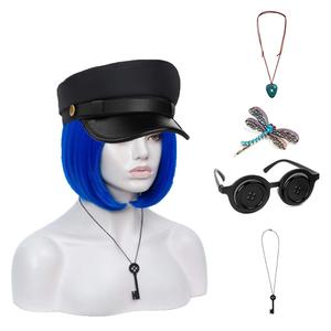 Women Cosplay Wig Dark Blue Bob Short Straight Hair Wig Button Glasses Key Necklace Gemstone Necklace Dragonfly Hairpin Costume Party Cosplay Wig (SET3)