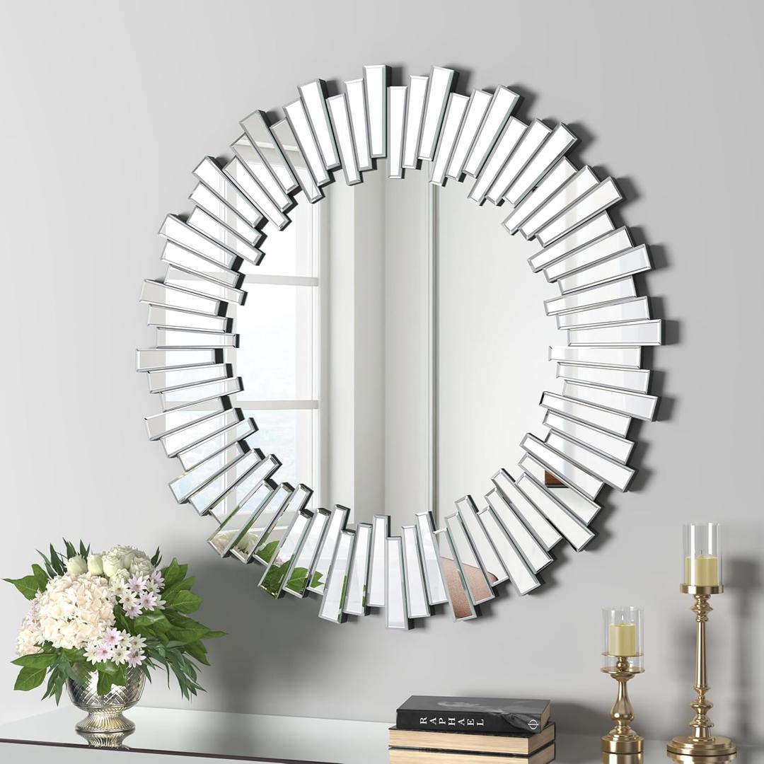 KOHROS Round Decorative Mirrors for Wall Decor 32 Inch Circle Mirror Sunburst Design Modern Wall Mirror for Entryway Bathroom