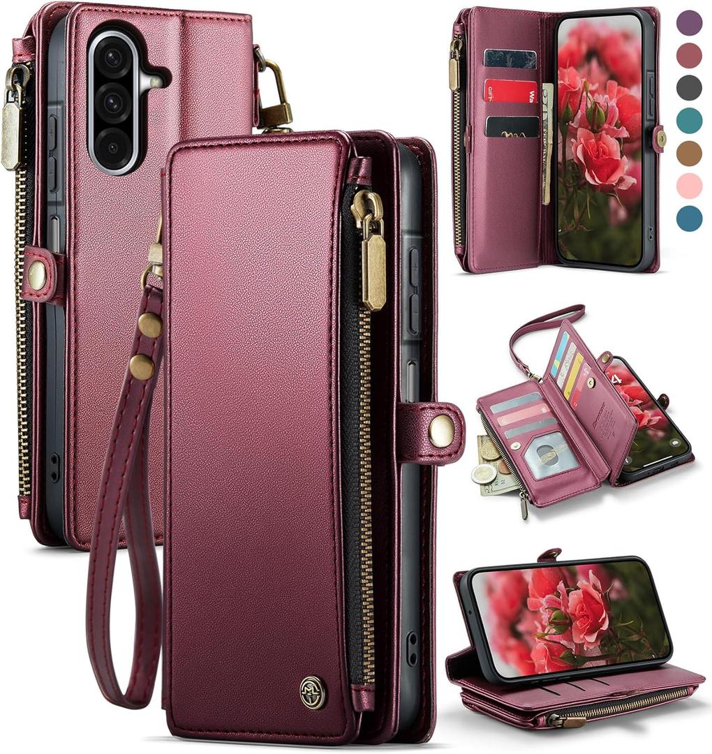 Defencase for Samsung Galaxy A17 5G Case Wallet with RFID Blocking Card Holder for Women and Men, PU Leather Magnetic Snap Flip Zipper Strap Wallet Phone Case for Galaxy A17 5G 6.7", Wine Red