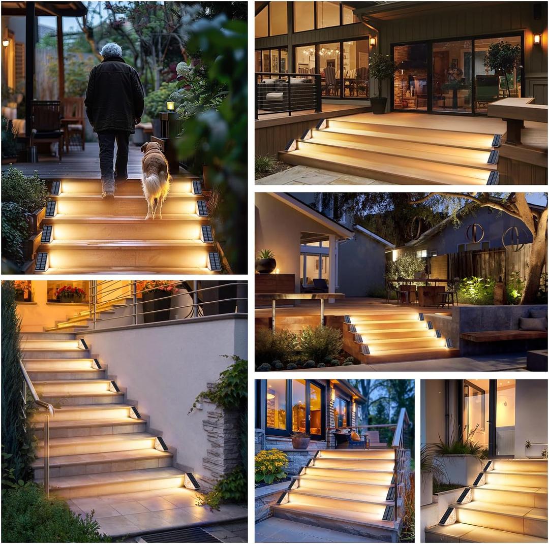 Motion Sensor Solar Stair Lights Outdoor, 2-Pack Super Bright LED Solar Powered Step Lights for Outside, 550LM IP67 Waterproof Outdoor Sensor Lights for Stair Porch Yard Deck, Warm White