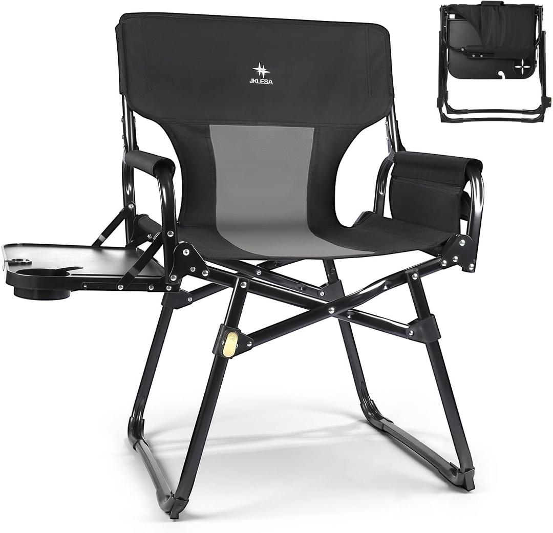 Camping Director's Chair with Side Table, 400 lb Capacity Black/Gray | Ergonomic Comfort with Oversized Side Table & Smart Storage