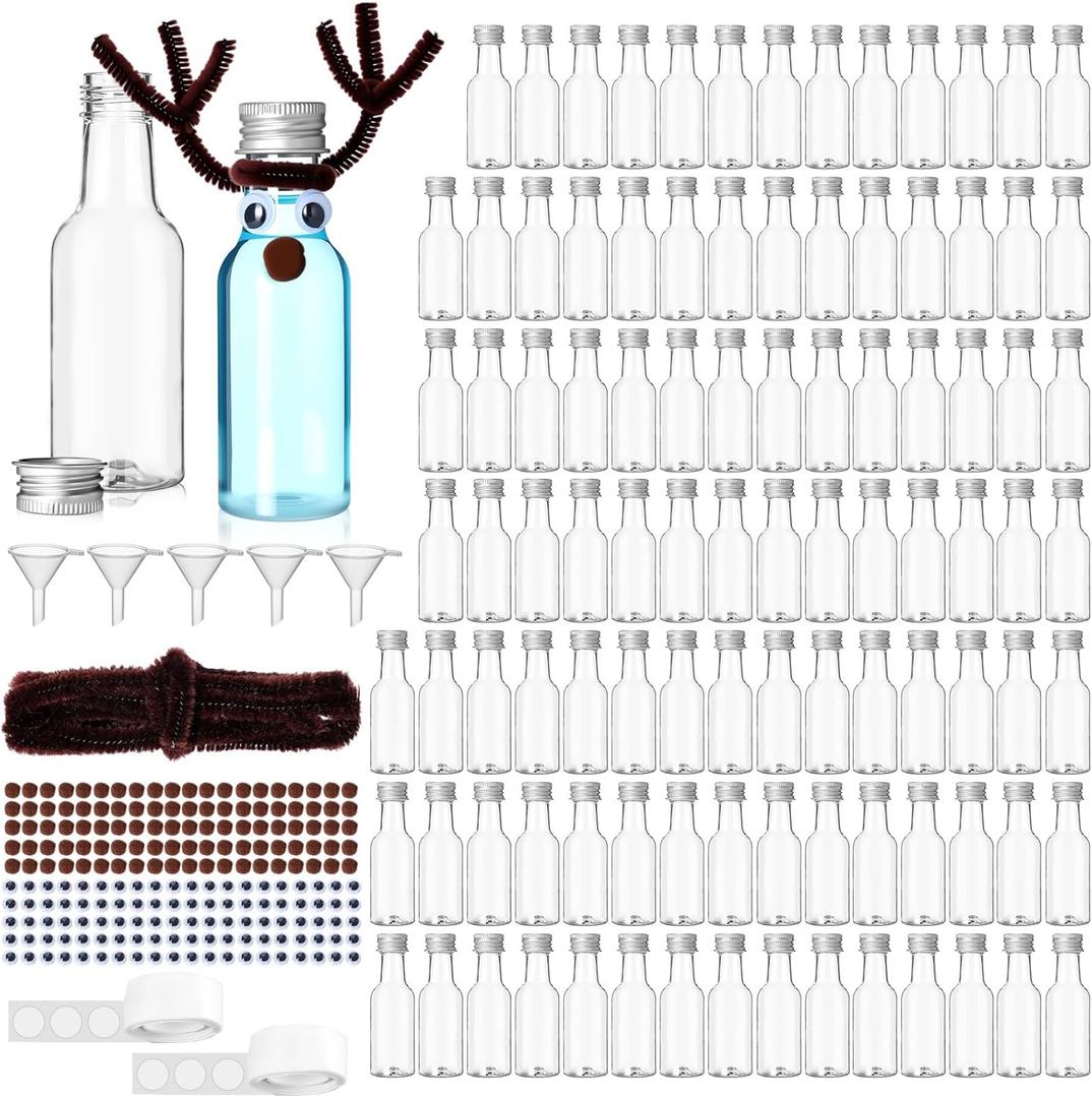 Soulchen 100 Set DIY Christmas Craft Kit Mini Reindeer Bottles, 3.4oz Small Shot Bottles with Caps Funnels Elk Antler Twist Stick Knit Nose 300 Pcs Eyes for Art Gift Xmas Party Favor Decoration