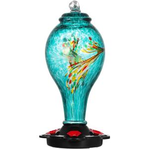 LUJII Hummingbird Feeder, Hand Blown Glass Hummingbird Feeder, Never Fade, 36 Fluid Ounces, 5 Feeding Metal Stations, Much Bigger, Garden Backyard Decorative, Containing Ant Moat (Blue)