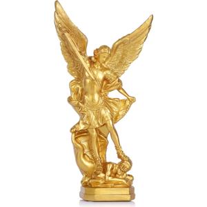 QIANLING 12.5in Gold San Miguel Arcangel Statue, St Michael Statue in Resin, Religion St Michael The Archangel victoriously Over Satan Collection Figurines, Suitable for Collection or Decor