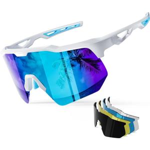 HAAYOT Polarized Sports Sunglasses for Men Women Youth Baseball Cycling Running Softball Biking Glasses 5 Lenses Bright White Sky Blue, 2 Pcs