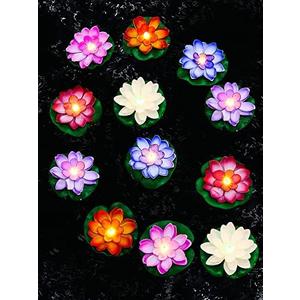 Hortsun 12 Pcs Pool Floating Lights Bulk Artificial Flower Lotus Decor Lily Pads for Ponds Floating Candles Lifelike Flower Lanterns Swimming Pool Decorations Include Batteries (3.94 Inch,Multicolor)