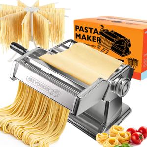 Pasta Maker Machine Set with Pasta Drying Rack Noodle Maker Machine 9 Adjustable Thickness Settings, Gifts for Her 2-in-1 Rollers & Cutter for Spaghetti, Fettuccine, Lasagna & More (Silver)