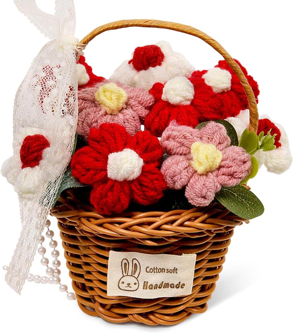 Crochet Sunflowers Bouquet, Handmade Knitted Sunflower Basketed for Mom, Friends, Teacher Appreciation Gifts, Desk Decor, Christmas, Graduation, Cute Birthday Gifts for Woman (Basket Pink-Red)