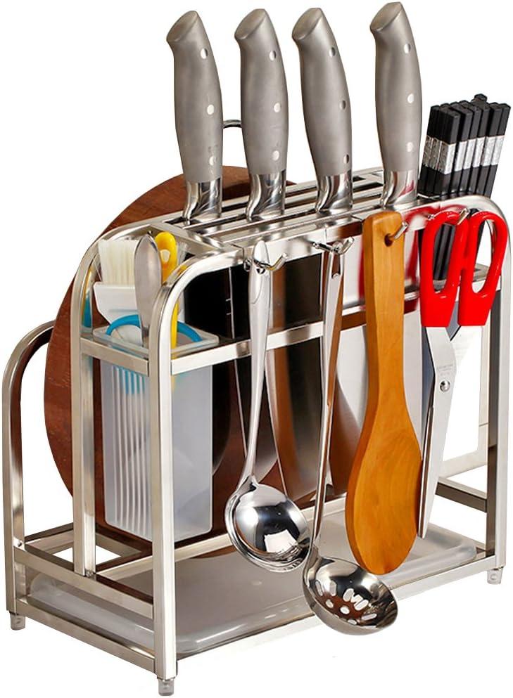 Knife Holder Storage Organizer with Hooks, Stainless Steel Knife Block Holder Cutting Board Rack,Kitchen Utensils Holder with Drainer Tray for Kitchen Countertop