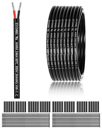 24 Gauge 2 Conductor Electrical Wire 100FT, UL 2464 24 AWG 2 Wire Cable Tinned Copper PVC Stranded 24/2 Core for LED Lighting, Outdoor Low Voltage Extension Cable, Automotive etc.