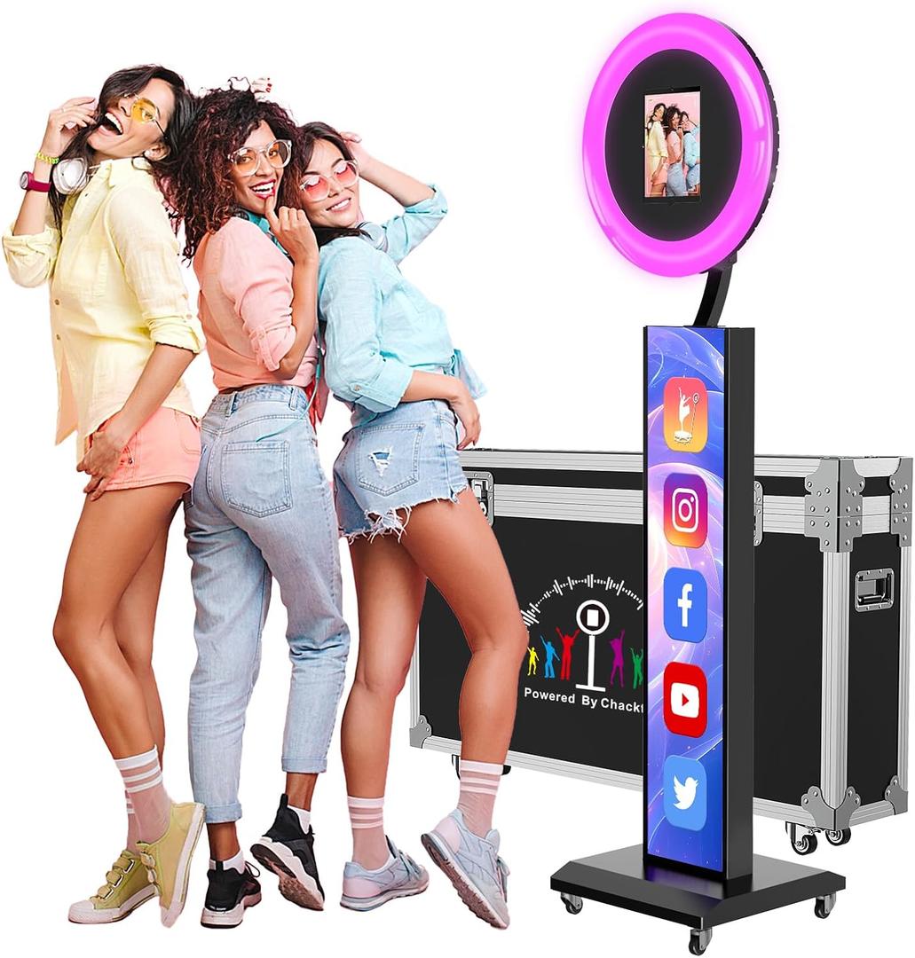 JIYANG Portable Photo Booth Compatible with Any Ipad,Photo Booth Stand Shell with ChackTok PhotoBooth VIP Member and Flight Case,Free Custom Logo,Perfect for Parties,Wedding and Events(Black)