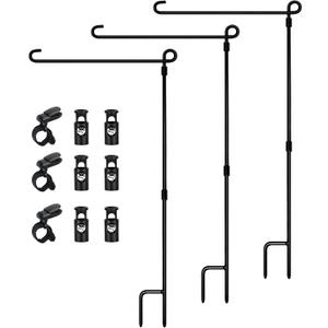 HOOSUN Garden Flag Stand, Premium Garden Flag Pole Holder Metal Powder-Coated Weather-Proof Paint with one Tiger Clip and Two Spring Stoppers Without Flag 3 Pack