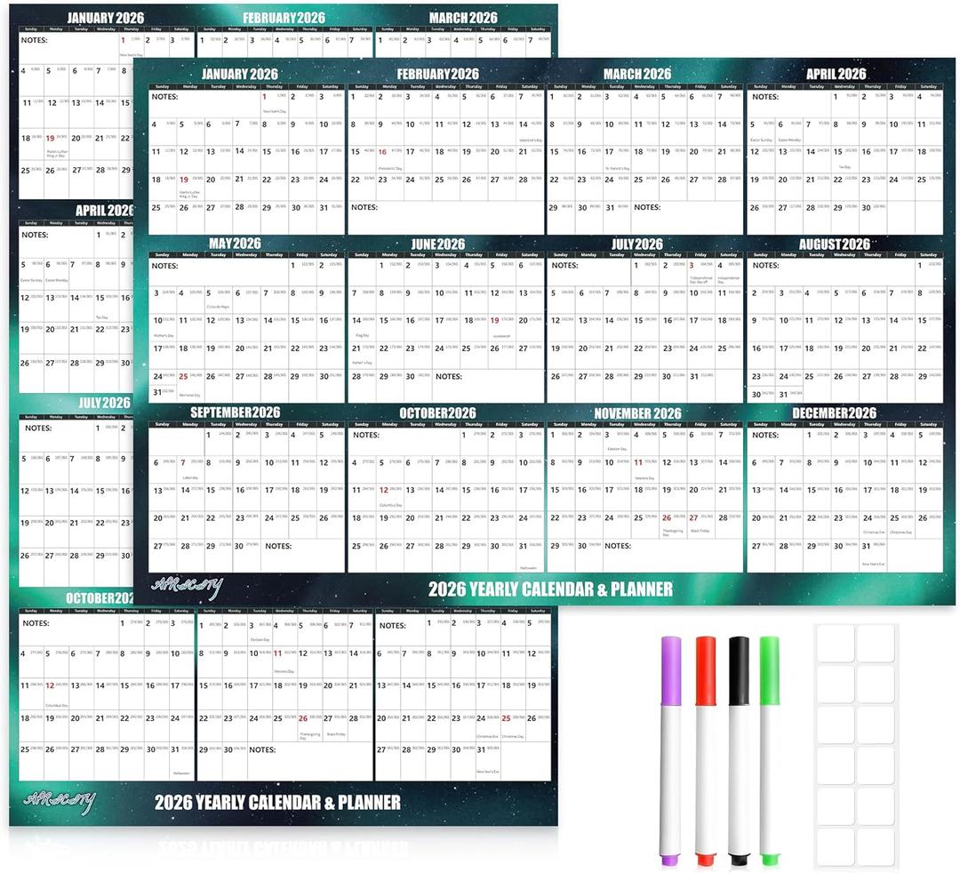 32" x 48" Apricity 2026 Wall Calendar Dry Erase - Dark Green Wall Calendar Wet & Dry Erasable Laminated 12 Month Annual Yearly Planner, Reversible, Horizontal/Vertical,with Julian Dates