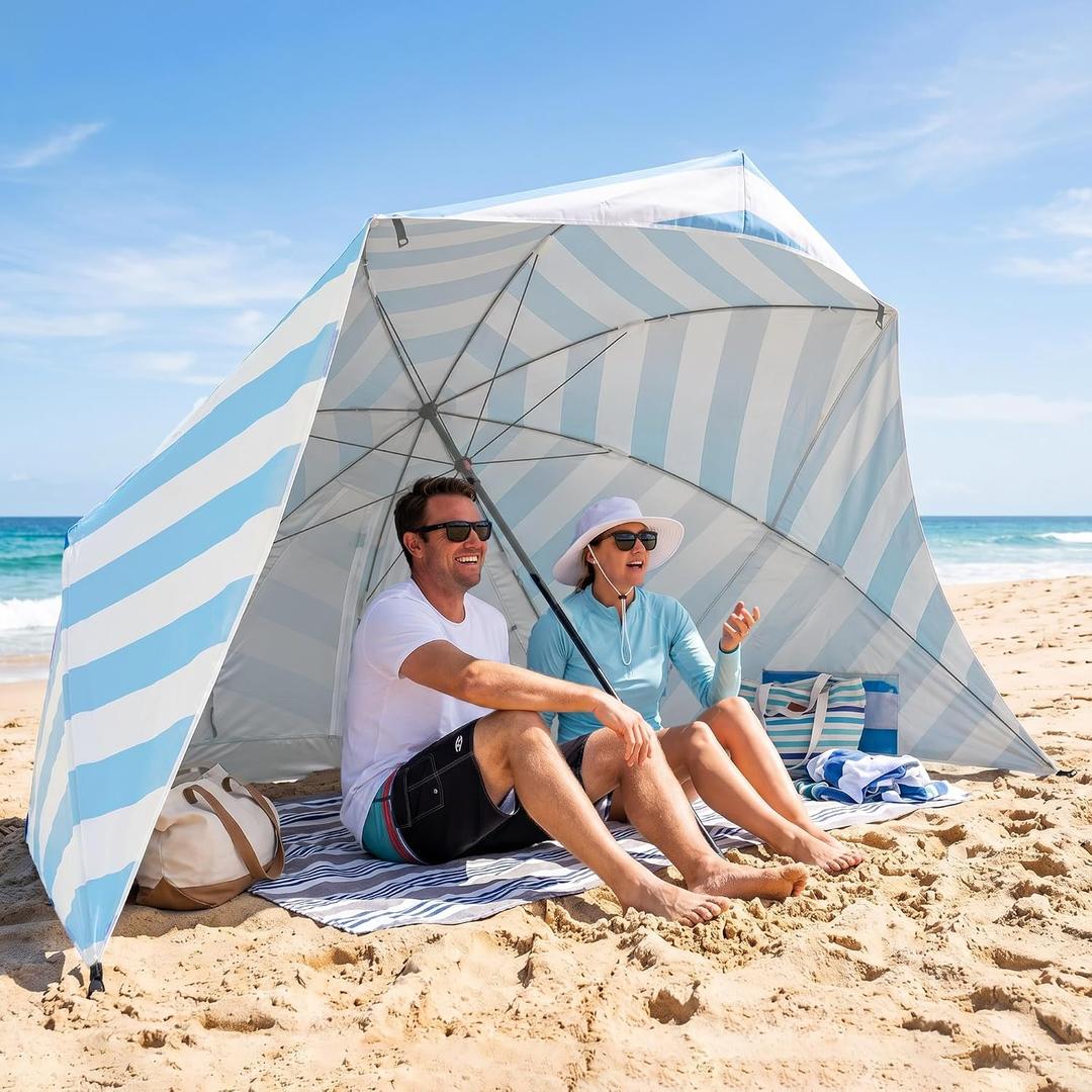 Beach Tent Easy Set Up Canopy Sun Shelter Shade with UPF 50+UV Protection Portable Beach Umbrella Outdoor Sunwall with Sand Pockets for Fishing Backyard Camping(Sea Salt Stripe), 10.5 ft x 8 ft