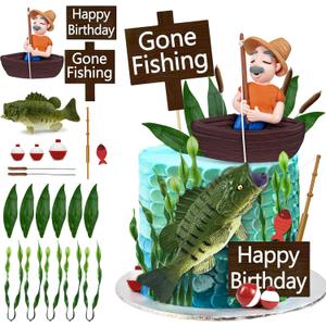 21 PCS Gone Fishing Cake Toppers Fisherman Fish Cake Decoration for Gone Fishing Themed Party Supplies Decor