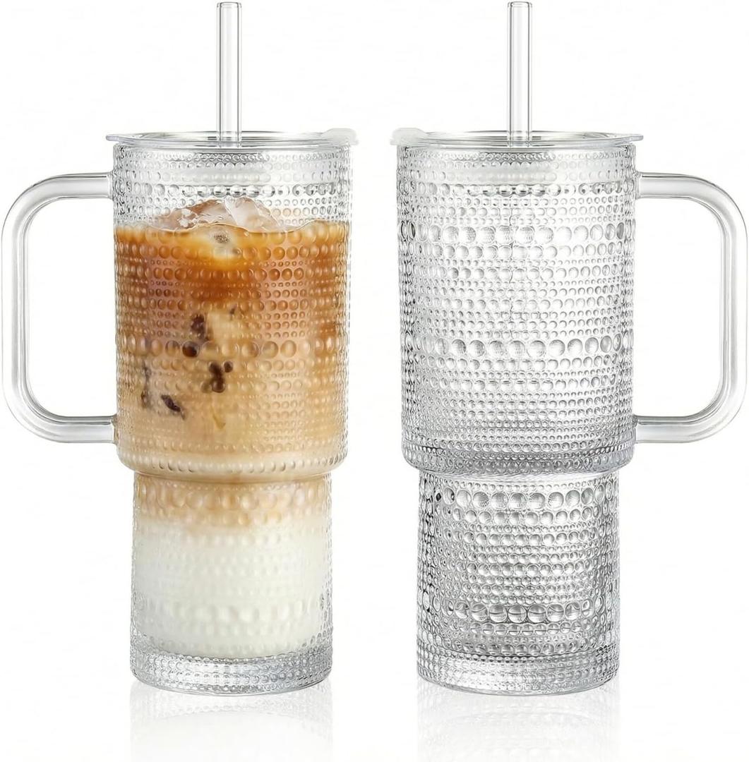 20 oz Glass Tumbler with Lid and Straw, Glass Iced Coffee Cups, Spill-proof Glasses Tumbler with Handle, Glasses Drinking Set of 2, Vintage Glassware for Cocktail, Juice, Smoothies