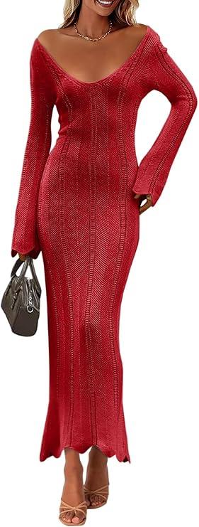 Saodimallsu Womens Crochet Maxi Dress Bell Long Sleeve Sexy V Neck Bodycon Backless Knit Dresses Beach Swim Cover Up, Red, M