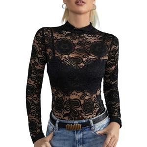METWAY Women's Lace Long Sleeve Top Sheer Mesh Undershirt Blouse Sexy Floral See Through V Neck Lace Layering Tee Shirt (Medium, Crew Black)