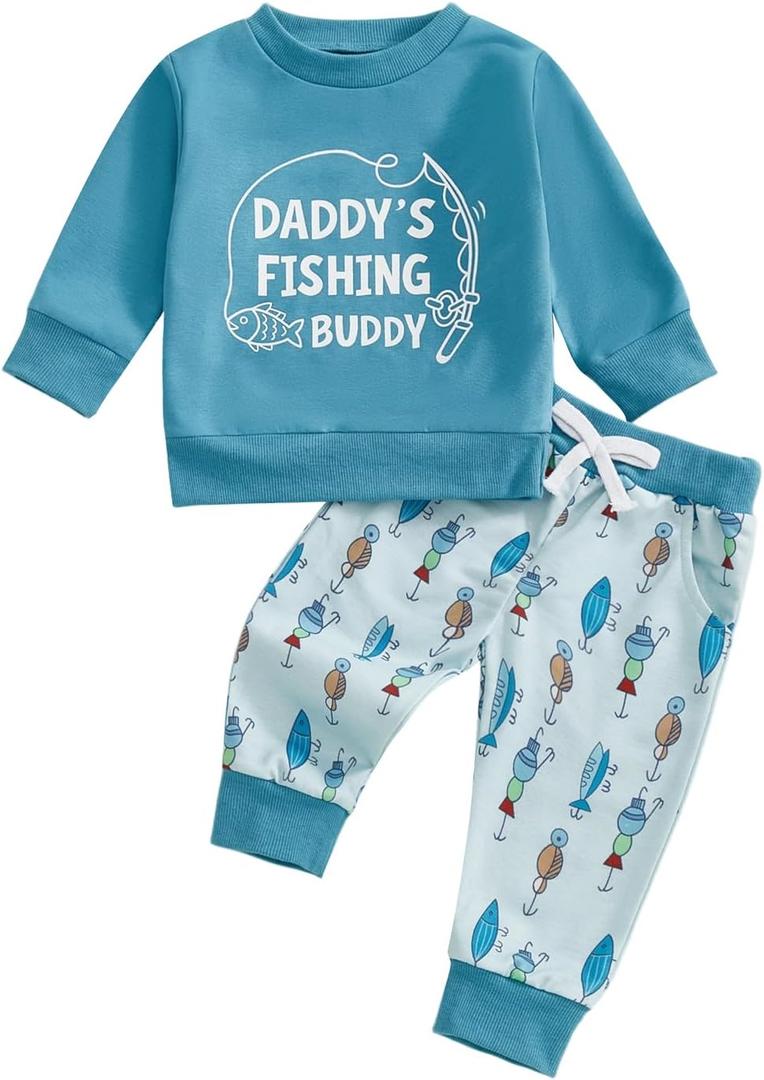 Toddler Baby Boy Fall Outfit Animal Embroidery Sweatshirt Long Pants Set Casual 2Pcs Hunting Outfit (A-Blue, 12-18 Months) (Blue)