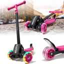Kick Scooters for Kids 5-7 8-12,Lean to Steer,Three Wheeled Light Up,28"-32" Adjustable Handlebar,Widen Anti-Slip Deck,Floor Push Scooter for Boys Girls Ages 6-12 3-4 Old,Foldable for Travel (Pink)