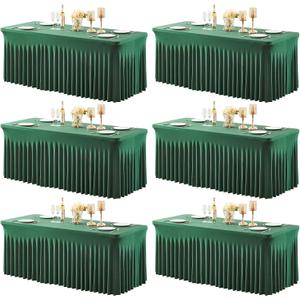6 Packs Green Table Clothes for 8 Foot Rectangle Tables, Wrinkle Resistant Stretch Spandex Table Covers Fitted Tablecloth with Skirt for Easter Event Banquet Wedding Birthday Party, 96" x 30"