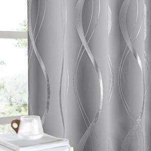 NICETOWN Curtains 63 inch Length 2 Panels, Window Treatment Thermal Insulated Solid Grommet Blackout Wave Line Foil Print Design Curtains for Living Room (52 inches Wide, Silver Grey)