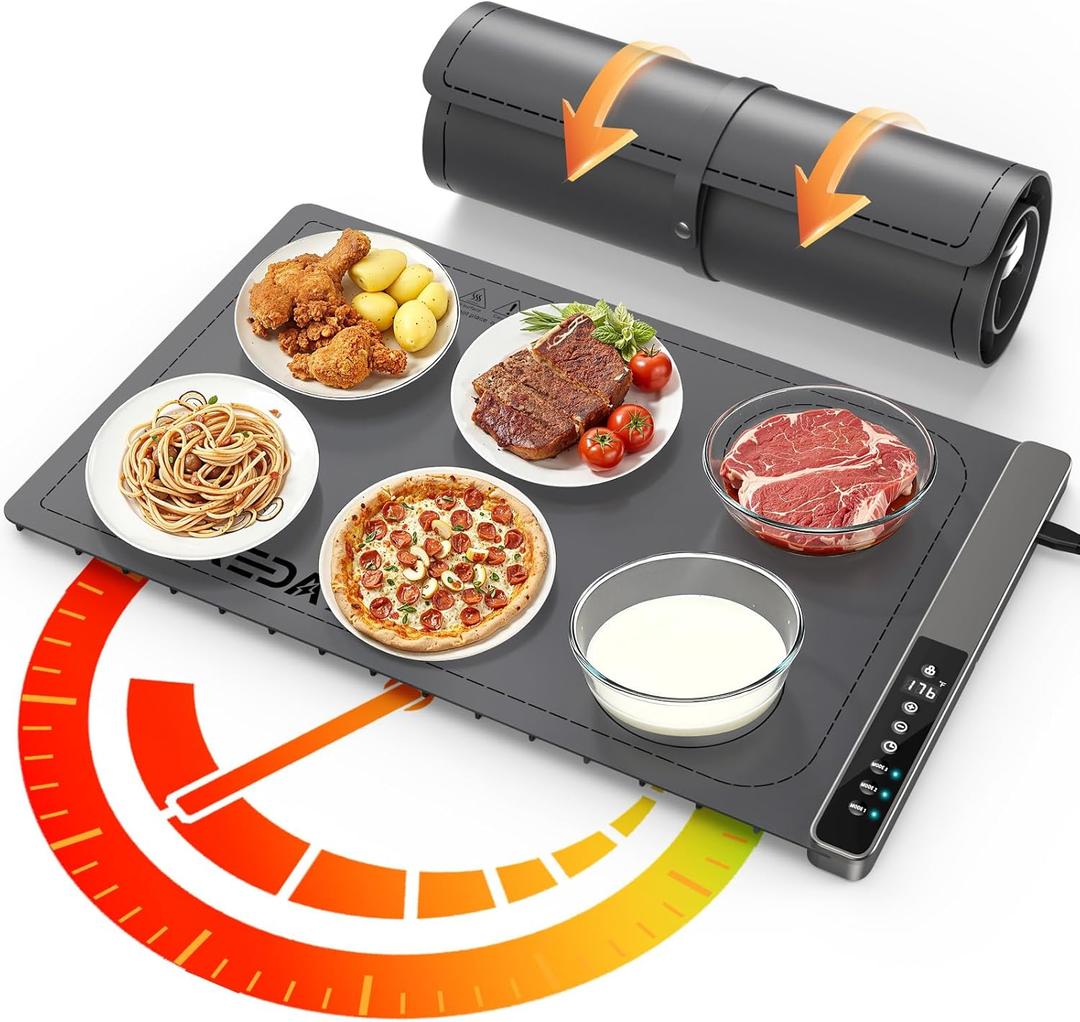 Food Warming Mat with 3-Zone Heating Mode, Redagod Electric Warming Tray with 9 Temperature & 8 Timer Settings, Hook and Roll Up Storage, Portable Countertop Food Heating Mat for Home Daily Use, Gray